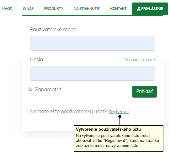 Okno s odkazom na registráciu